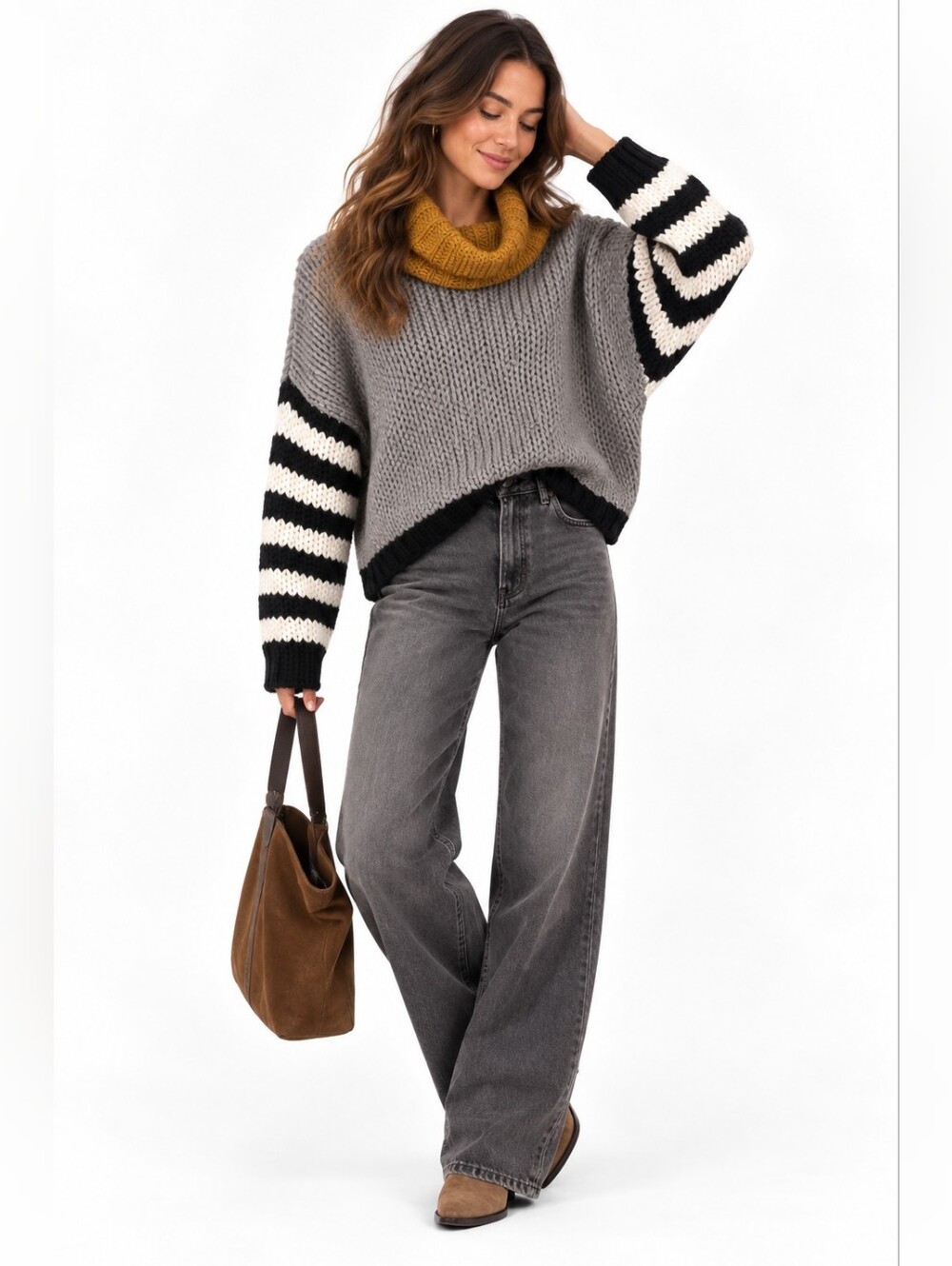 Women's FAVLUX Gray & Yellow Striped Cowl Neck Sweater M